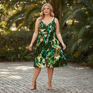 Bisou Bisou Green Multi-Color V-Neck A-Line Dress